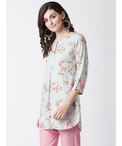 Women's Rayon Sage Green & Pink Floral Printed Kurti Tunic Green $15.84 Tops