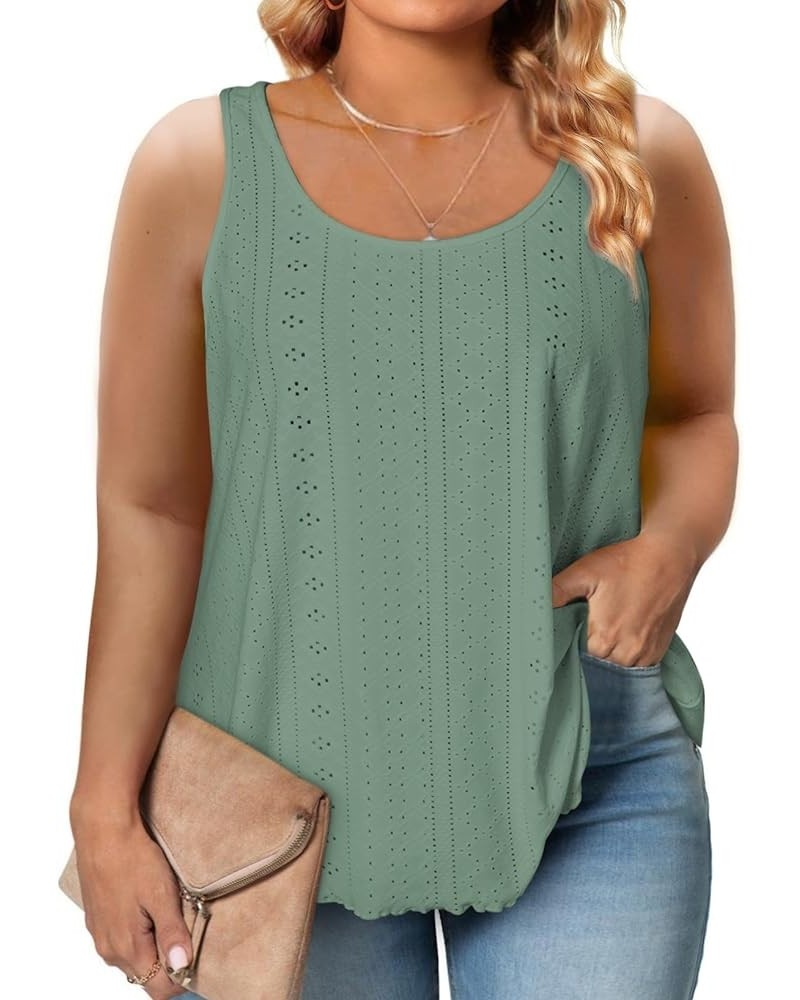 Womens Plus Size Tank Tops Summer Eyelet Embroidery Sleeveless T-Shirts Tops Scoop Neck Causal Loose Flowy Cami(1X-5X) Mist G...