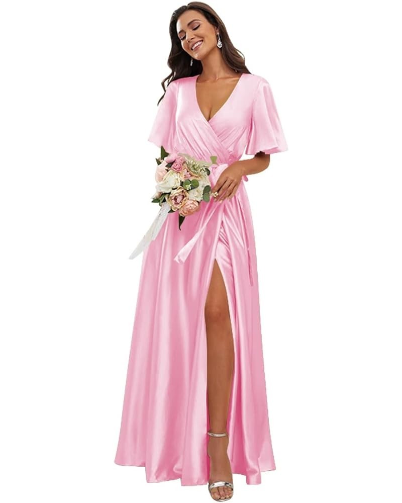 Pleated V Neck Satin Bridesmaid Dresses with Sleeves Side Slit Formal Party Dress YMS170 Pink $32.99 Dresses