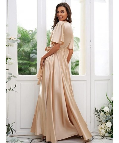 Pleated V Neck Satin Bridesmaid Dresses with Sleeves Side Slit Formal Party Dress YMS170 Pink $32.99 Dresses