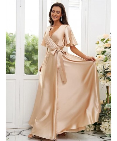 Pleated V Neck Satin Bridesmaid Dresses with Sleeves Side Slit Formal Party Dress YMS170 Pink $32.99 Dresses