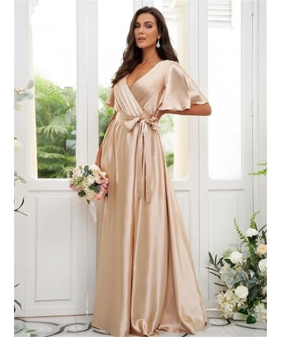 Pleated V Neck Satin Bridesmaid Dresses with Sleeves Side Slit Formal Party Dress YMS170 Pink $32.99 Dresses