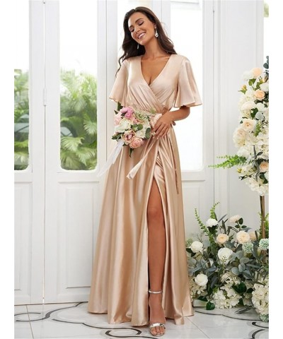 Pleated V Neck Satin Bridesmaid Dresses with Sleeves Side Slit Formal Party Dress YMS170 Pink $32.99 Dresses