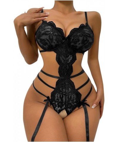 Women's Lingerie, Sleep & Lounge Lingerie for Sexy Lace Bodysuit Snap Crotch Teddy Sleepwear Nightwear Black $5.99 Lingerie