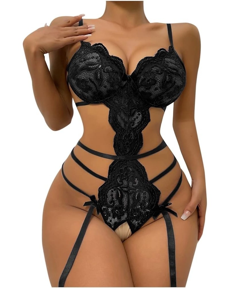 Women's Lingerie, Sleep & Lounge Lingerie for Sexy Lace Bodysuit Snap Crotch Teddy Sleepwear Nightwear Black $5.99 Lingerie