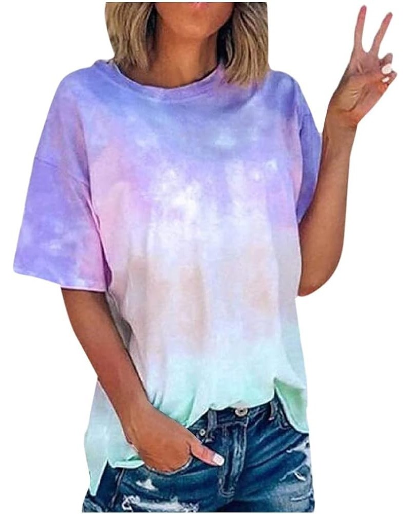 2024 Tshirts Shirts for Women Tie Dye Loose Fit Vintage Graphic Tees Country Shirts Short Sleeve Crewneck Summer Tops B/Blue ...