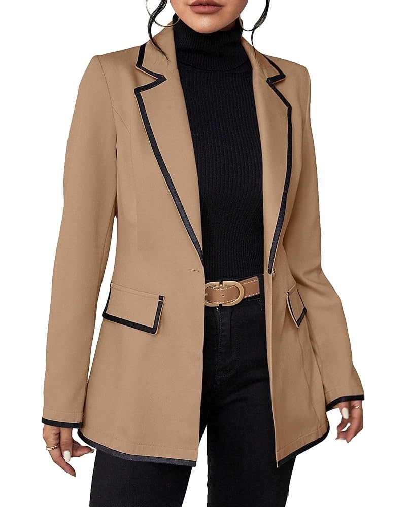 Women's Contrast Binding Button Lapel Neck Long Sleeve Work Office Blazer Khaki $19.32 Suits