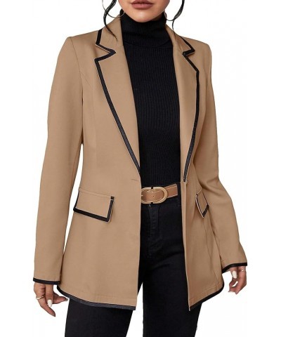 Women's Contrast Binding Button Lapel Neck Long Sleeve Work Office Blazer Khaki $19.32 Suits