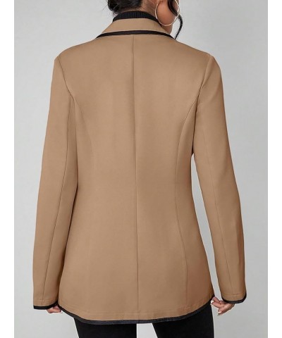 Women's Contrast Binding Button Lapel Neck Long Sleeve Work Office Blazer Khaki $19.32 Suits