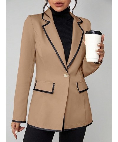 Women's Contrast Binding Button Lapel Neck Long Sleeve Work Office Blazer Khaki $19.32 Suits