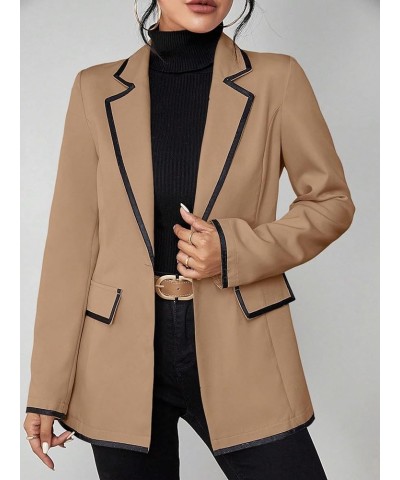 Women's Contrast Binding Button Lapel Neck Long Sleeve Work Office Blazer Khaki $19.32 Suits