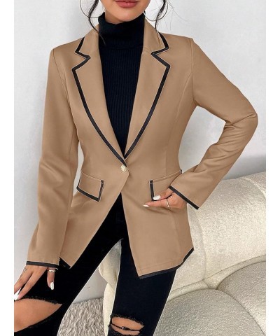 Women's Contrast Binding Button Lapel Neck Long Sleeve Work Office Blazer Khaki $19.32 Suits