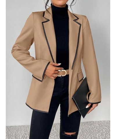 Women's Contrast Binding Button Lapel Neck Long Sleeve Work Office Blazer Khaki $19.32 Suits