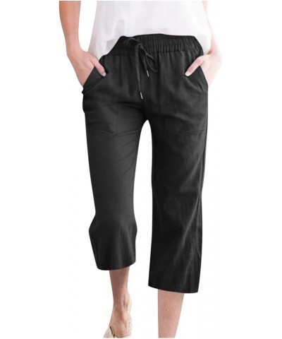 Linen Capri Pants for Women 2023 Soft Casual Drawstring Tie Elastic Waist Loose Jogger Pants with Pockets C-black New Arrival...