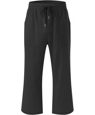 Linen Capri Pants for Women 2023 Soft Casual Drawstring Tie Elastic Waist Loose Jogger Pants with Pockets C-black New Arrival...