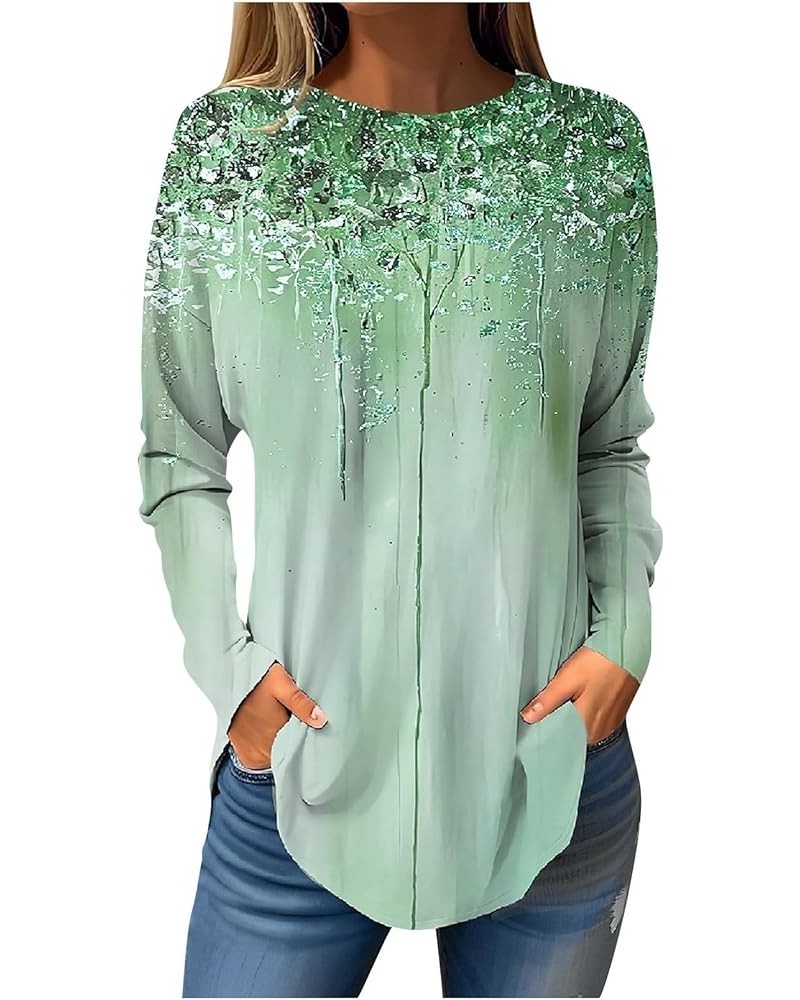 Womens Long Sleeve Tops Casual Spring Fall Print Blouses Plus Size Loose T-Shirts Lightweight Round Neck Tunic Tops 01-green ...