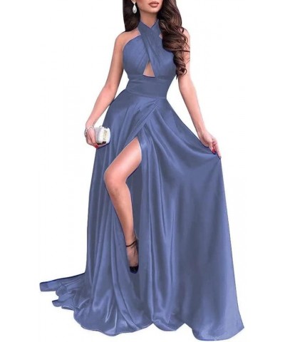 Criss Cross Neck Satin Prom Dress Long with Slit A-line Halter Sexy Evening Dress for Women Party Gowns Dusty Blue $47.24 Dre...