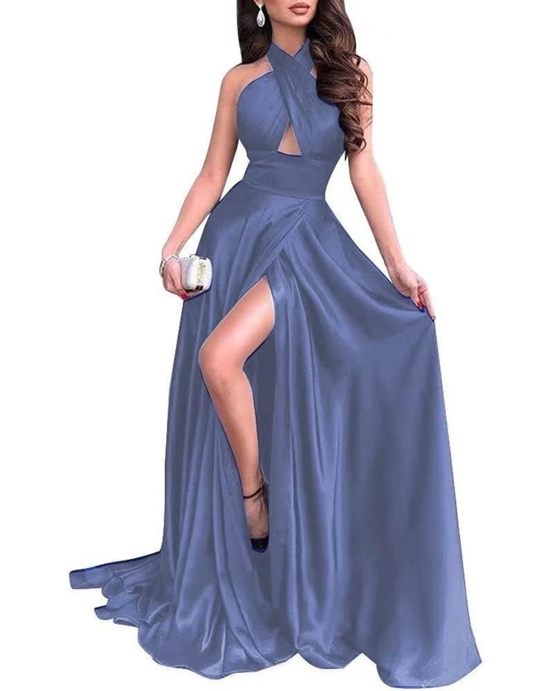 Criss Cross Neck Satin Prom Dress Long with Slit A-line Halter Sexy Evening Dress for Women Party Gowns Dusty Blue $47.24 Dre...