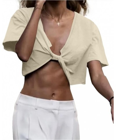 Women Loose Deep V Neck Twist Front Crop Tee Asymmetrical Hem Short Sleeve Crop T-Shirt Sexy Summer Tops Apricot $10.19 T-Shirts