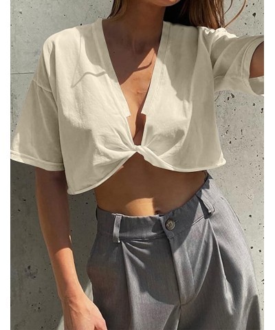 Women Loose Deep V Neck Twist Front Crop Tee Asymmetrical Hem Short Sleeve Crop T-Shirt Sexy Summer Tops Apricot $10.19 T-Shirts