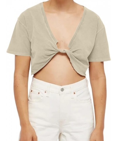 Women Loose Deep V Neck Twist Front Crop Tee Asymmetrical Hem Short Sleeve Crop T-Shirt Sexy Summer Tops Apricot $10.19 T-Shirts