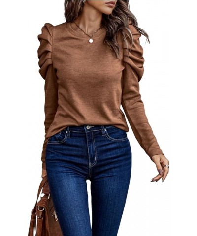 Womens Tunic Tops Puff Sleeve with Button Crew Neck Long Sleeve Shirts Solid Color Coffee $13.43 Tops