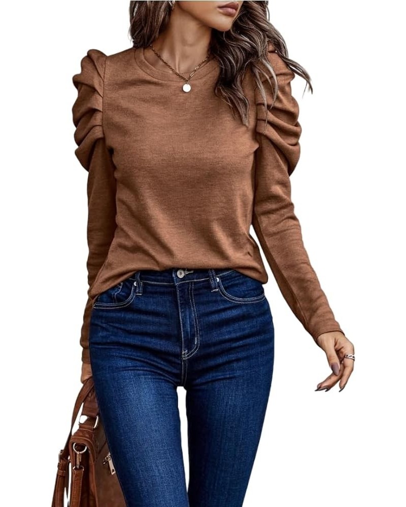 Womens Tunic Tops Puff Sleeve with Button Crew Neck Long Sleeve Shirts Solid Color Coffee $13.43 Tops