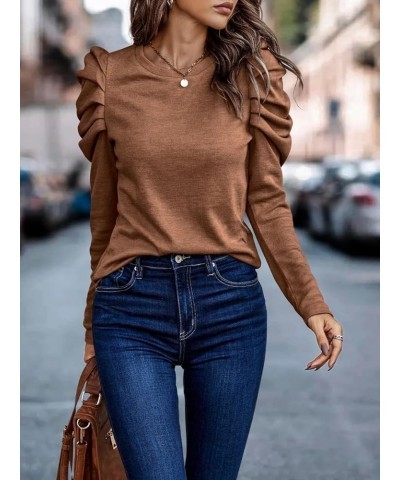 Womens Tunic Tops Puff Sleeve with Button Crew Neck Long Sleeve Shirts Solid Color Coffee $13.43 Tops