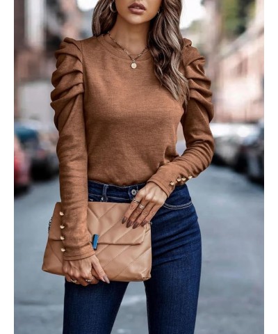 Womens Tunic Tops Puff Sleeve with Button Crew Neck Long Sleeve Shirts Solid Color Coffee $13.43 Tops