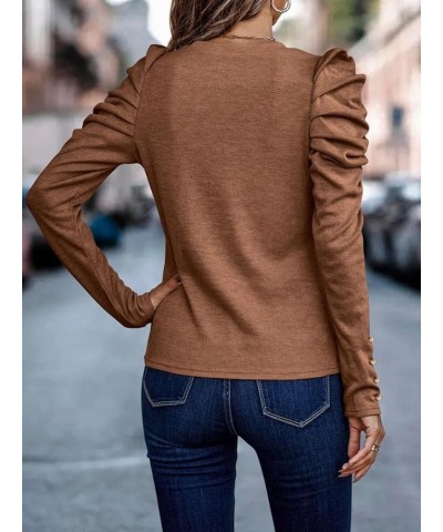 Womens Tunic Tops Puff Sleeve with Button Crew Neck Long Sleeve Shirts Solid Color Coffee $13.43 Tops