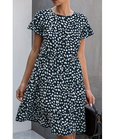 Women's Summer Babydoll Loose Short Sleeve Floral Printed Boho Flared Tiered Sun Dress Navy Blue $10.34 Dresses