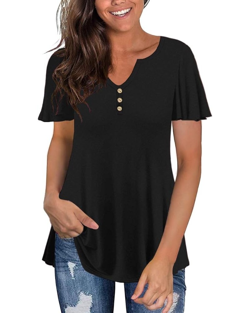 Women's Plus Size Long Sleeve Flowy Henley Shirt V Neck Tunic Tops Z-black $10.75 Tops