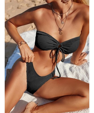 Cheeky High Cut Bandeau Bikini Sets for Women Swimsuits 2 Pieces Solid Black $18.69 Swimsuits