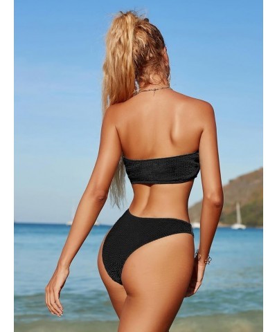 Cheeky High Cut Bandeau Bikini Sets for Women Swimsuits 2 Pieces Solid Black $18.69 Swimsuits