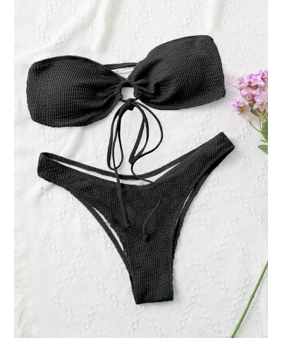 Cheeky High Cut Bandeau Bikini Sets for Women Swimsuits 2 Pieces Solid Black $18.69 Swimsuits