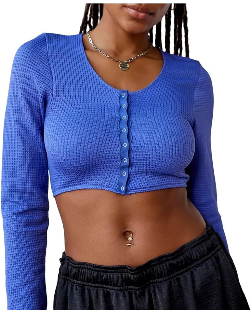 Women Ribbed Long Sleeve Crop Tops Slim Fit Scoop Neck T-Shirt Vintage 90s Shirt Top Streetwear Font Button Blue $7.79 T-Shirts