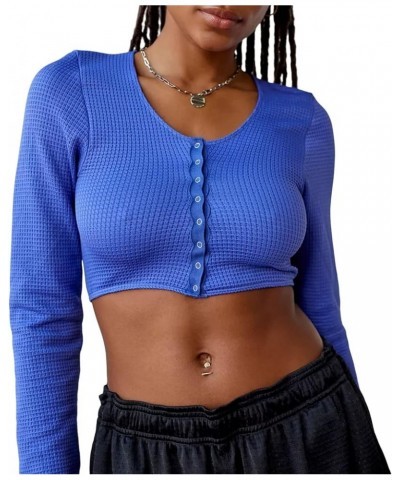 Women Ribbed Long Sleeve Crop Tops Slim Fit Scoop Neck T-Shirt Vintage 90s Shirt Top Streetwear Font Button Blue $7.79 T-Shirts