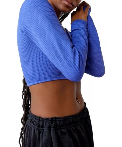 Women Ribbed Long Sleeve Crop Tops Slim Fit Scoop Neck T-Shirt Vintage 90s Shirt Top Streetwear Font Button Blue $7.79 T-Shirts