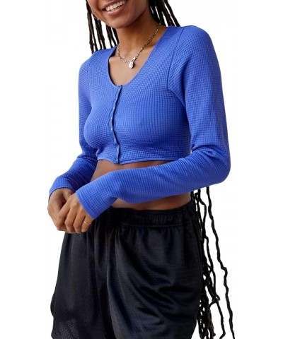 Women Ribbed Long Sleeve Crop Tops Slim Fit Scoop Neck T-Shirt Vintage 90s Shirt Top Streetwear Font Button Blue $7.79 T-Shirts