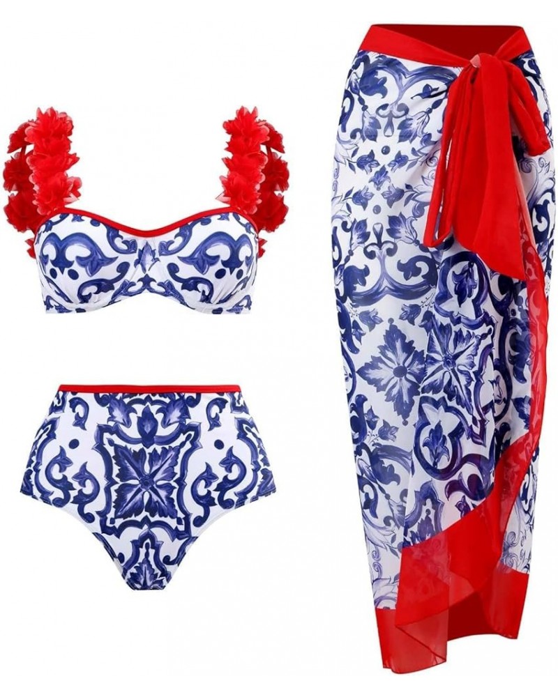 Swimsuit Women Bikini Sets for Women Women's Sexy One-Piece with Printed Swimsuit Long Skirt Set Red-1 $5.94 Bodysuits