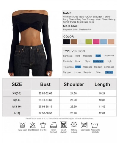 Women's Crop Tops Y2K Off Shoulder T-Shirts Long Sleeve Sexy See Through Mesh Sheer Skinny Slim Fit Crop Tee Blouse Tops Blac...