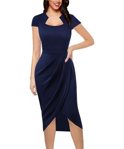 Womens Square Neck Work Ruched Front Slit Business Office Party Dress Church Bodycon Sheath Midi Pencil Dress Dark Blue $29.9...