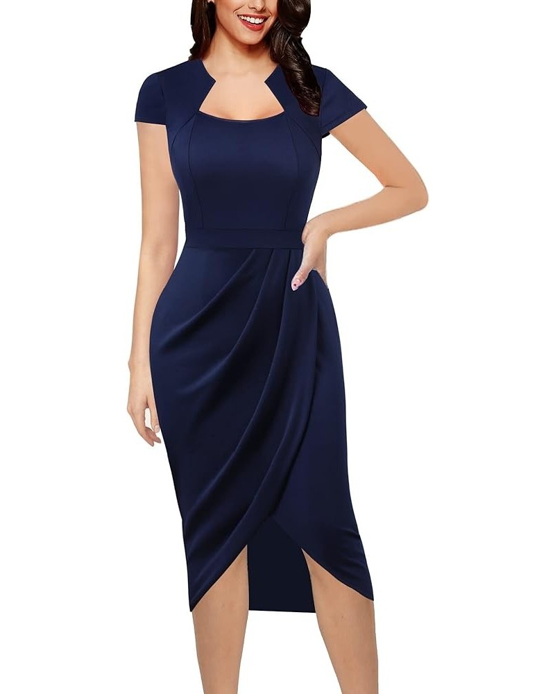 Womens Square Neck Work Ruched Front Slit Business Office Party Dress Church Bodycon Sheath Midi Pencil Dress Dark Blue $29.9...