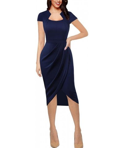 Womens Square Neck Work Ruched Front Slit Business Office Party Dress Church Bodycon Sheath Midi Pencil Dress Dark Blue $29.9...