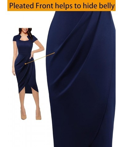 Womens Square Neck Work Ruched Front Slit Business Office Party Dress Church Bodycon Sheath Midi Pencil Dress Dark Blue $29.9...