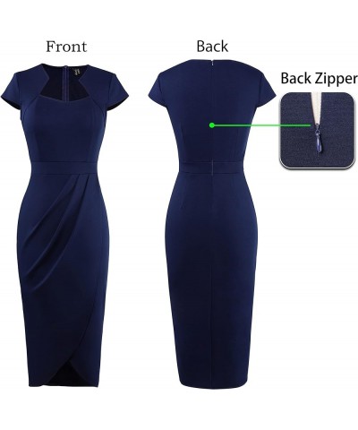 Womens Square Neck Work Ruched Front Slit Business Office Party Dress Church Bodycon Sheath Midi Pencil Dress Dark Blue $29.9...