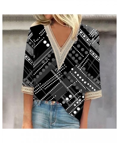 Womens Summer Tops 2023, 3/4 Sleeve Lace V Neck Shirts Printed Loose T-Shirts Trendy Elegant Casual Shirt 7-black $4.06 Shirts