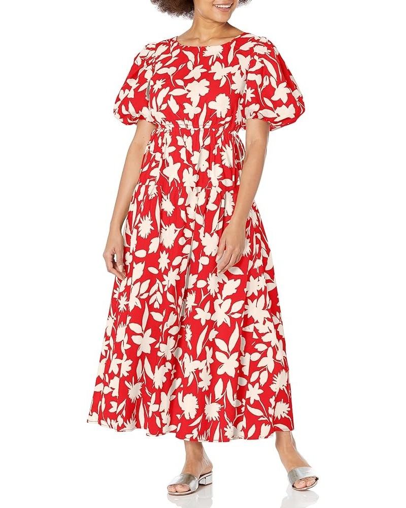 Women's Floral Print Side Tie Cut-Out Tiered Shirred Midi Dress Red $34.56 Dresses