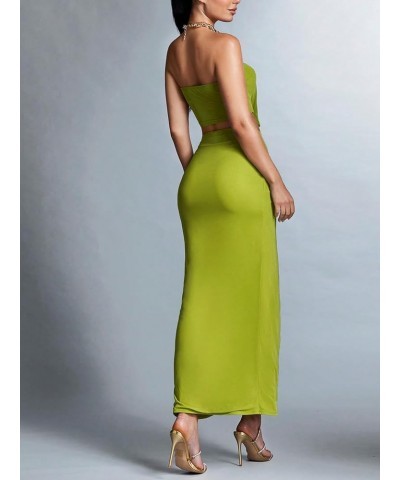 Women's 2 Piece Elegant Sleeveless Crop Bandeau Tube Tank Tops and Pleated Ruffle Hem Bodycon Midi Skirt Sets Green $26.67 Suits