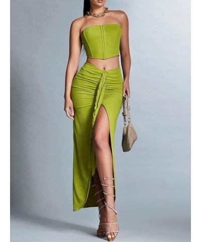 Women's 2 Piece Elegant Sleeveless Crop Bandeau Tube Tank Tops and Pleated Ruffle Hem Bodycon Midi Skirt Sets Green $26.67 Suits